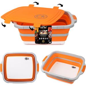 New XL Collapsible BBQ Prep Tub wtih LOCKING Lid, Cutting Board & Drain Hole | BPA-Free, Food-Grade, Recyclable, Space-Saving Caddy for Grilling, Camping, Kitchen & Outdoor Cooking (Orange, 16 Liters)