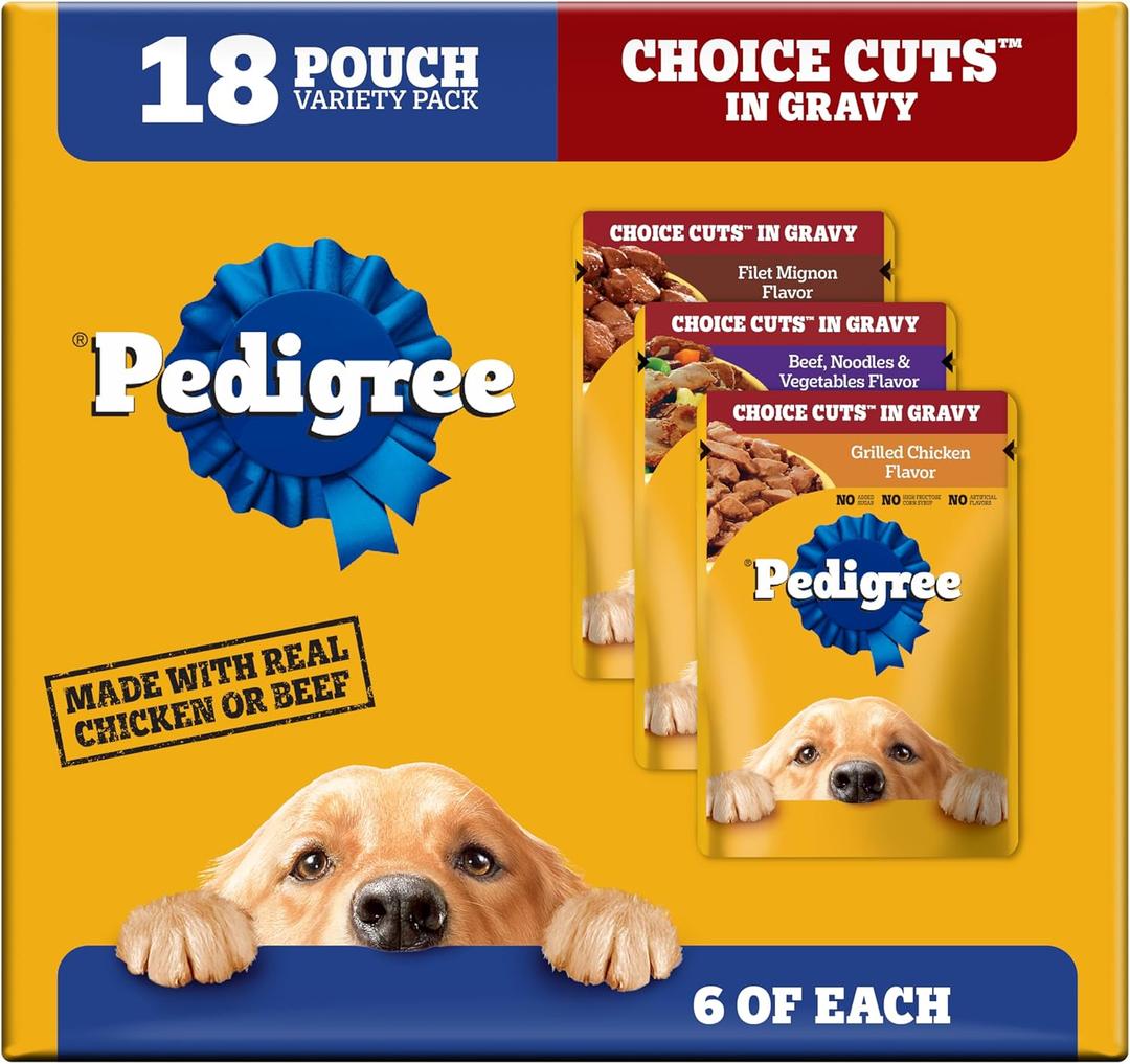 Pedigree Choice Cuts in Gravy Wet Dog Food, Adult Soft Wet Dog Food, Variety Pack, 3.5 oz. Pouches, 18 Count (EXP 08/06/26)