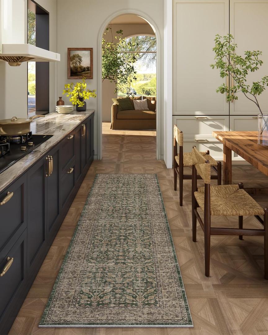 Machine Washable Hallway Runner Rugs: 2'x6' Kitchen Rug Stain Resistant Non Slip Low Pile Soft Carpet Runners for Hallways Indoor Entryway Kitchen Laundry Room Bedroom Bathroom Farmhouse (Dark Green Brown)