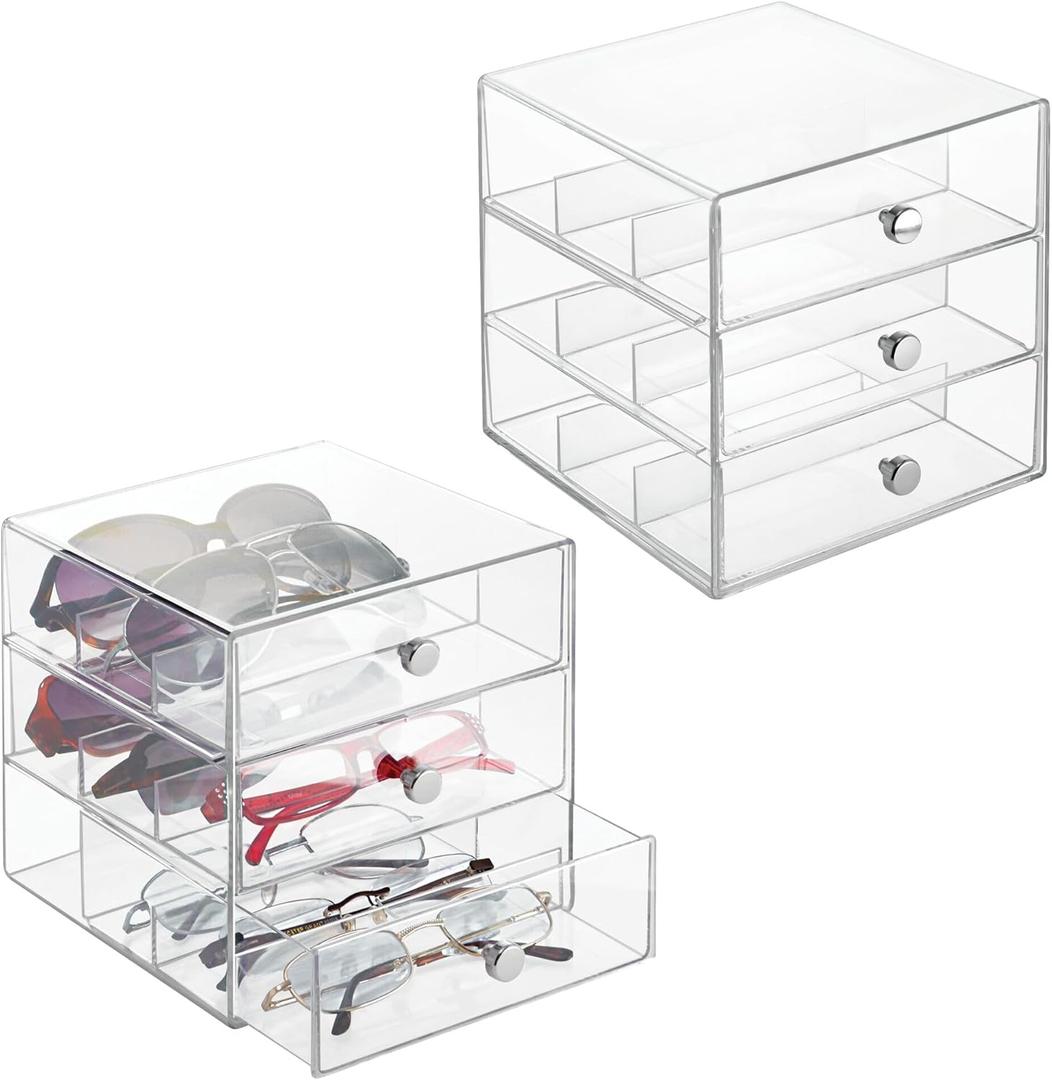 iDesign Divided 3-Drawer Stackable Organizer for Glasses, Sunglasses, and Readers - Set of 2 - Clear