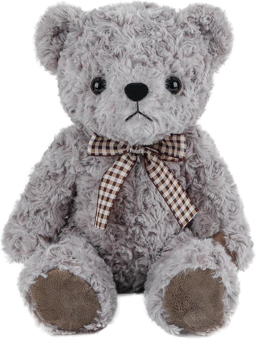 Classic Fluffy Teddy Bear Plush Toys Stuffed Animals with Vintage Lattice Tie for Kids Babies Birthday Bedtime, 11.8 inches Gray