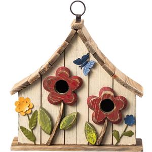 Glitzhome Bird Houses for Outside, 10.75" L Distressed Solid Wood Hanging Birdhouse with 3D Flowers Rustic Two-Story Townhouse Hand-Painted Garden Bird Houses for Outdoors,Washed White