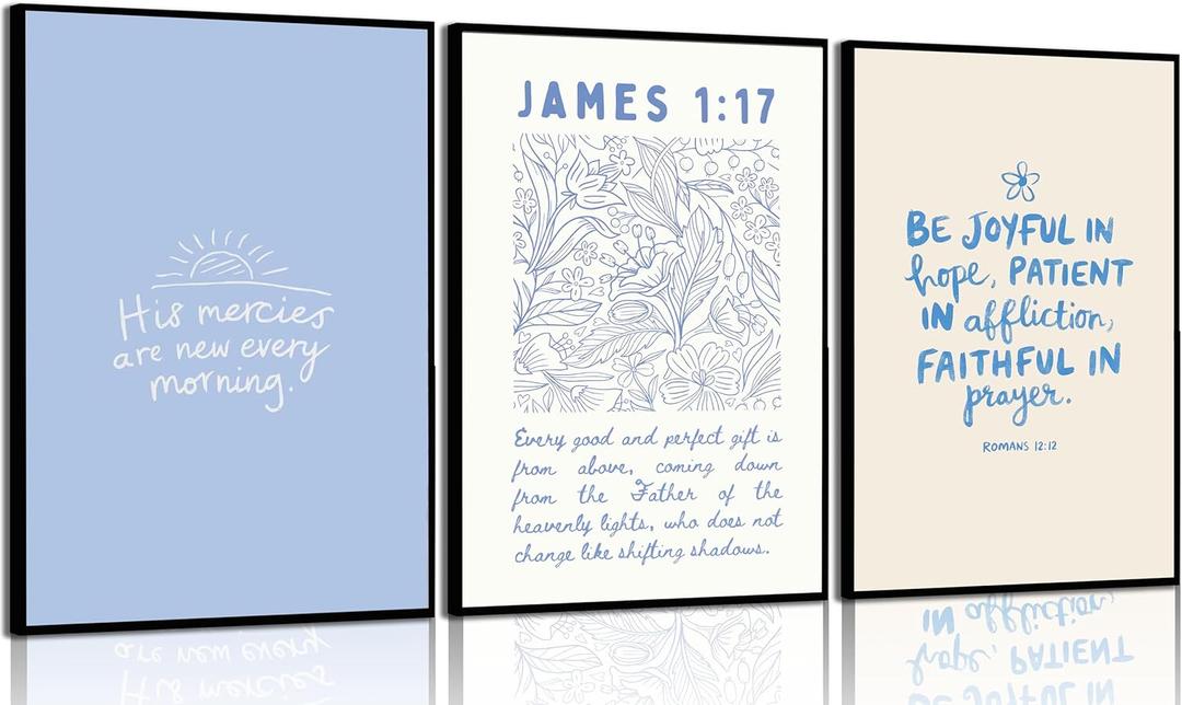 EDZQWLQI 3Pcs Bible Verse Wall Art Blue Christian Scripture Paintings Pictures Wall Decor Religion Belief Poster Printing Artwork for Living Room Bedroom Home Decoration 16x24in frame