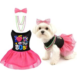 MuYaoPet Dog 80s Outfits Dress with Hair Bow and Necklace, I Love 80S Halloween Pet Disco Costume for Small Medium Dogs Girl, Summer Cat Puppy Dress Tutu Skirt, Size: L(Bust 18.1inch|7-12Lbs)