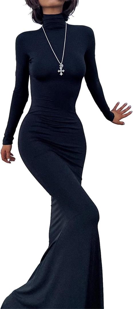 Long Sleeve Maxi Dress for Women - Casual Turtleneck Bodycon Formal Dresses Elegant Mermaid Hem 2026 M