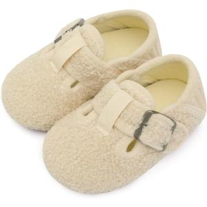 L-RUN Toddler Slippers Wide Cozy Boys Girls House Slippers Non-slip Kids Soft Plush Indoor House Shoes for Winter Warm (Beige)