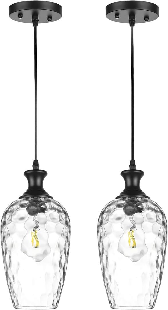 Glass Pendant Lights Kitchen Island 2 Pack, 1-Light Black Pendant Light Fixtures with Hand-Blown Clear Glass, Farmhouse Modern Hanging Light for Kitchen Sink Dining Room Bedroom