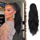 FESHFEN Ponytail Extensions, Long Claw Clip in Ponytail Hairpiece Synthetic Pony Tails Hair Piece Natural Wavy Hairpieces for Women, 20 inch Black