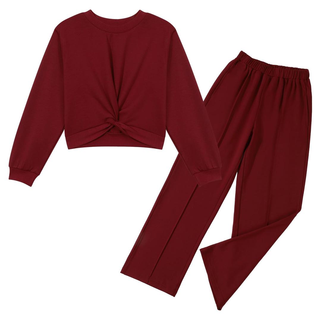 Zupora Girls Fall Outfits 2 Piece Sweatsuit Twist Front Pullover Sweatshirt Wide Leg Sweatpants Tracksuit Kid Clothing Set