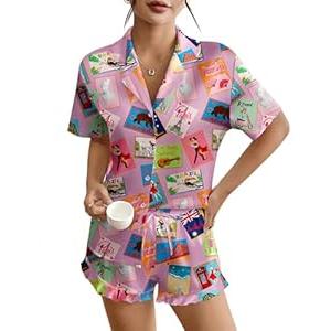 Ekouaer Women's Satin Pajamas Set Button Down 2 Piece Silk Pjs Shorts Set Ruffle Lingerie Notch Collar Sleepwear (Large, Cat Collection)