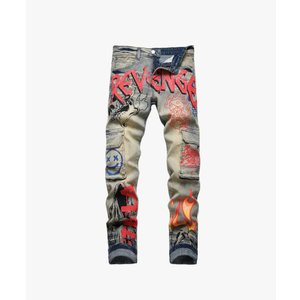 jupkem Punk Stacked Jeans Men Distressed Skinny Pants Y2k Goth Graphic Hop Hip Jeans Ripped Slim Fit Vintage Denim Streetwear(blue3-32) Size 32