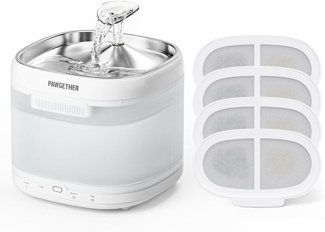 PAWGETHER Cat Water Fountain with 4 Filters, Ultra Quiet Pumpless Pet Water Fountain with Stainless Steel Tray, 67oz/2L Water Fountains for Cats Indoor with 360 Motion Sensor for Cats & Dogs