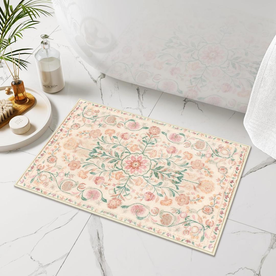 Uphome Boho Bath Mat Beige Floral Small Bathroom Rugs Ultra Soft Non-Slip Vintage Bath Mats Machine Washable Farmhouse Floral Bath Rugs for Bathroom Toilet Sink Tub, 18x26 inch