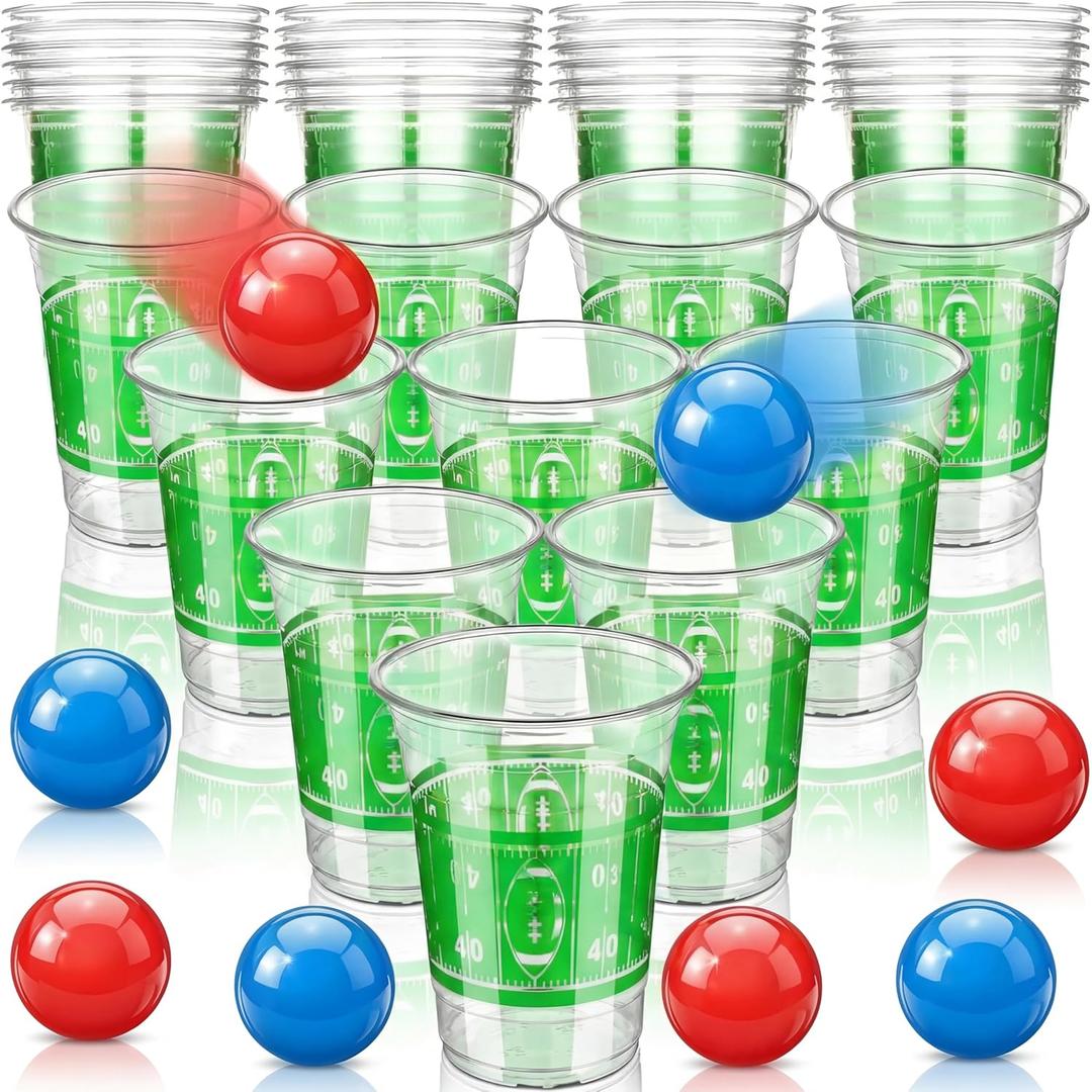 32 Pcs Football Party Game Beer Cup Table Tennis Game Set 24 Reusable Plastic Football Themed Cups 16oz and 4 Blue 4 Red Balls for Tailgate Picnics Birthday New Year Family Party