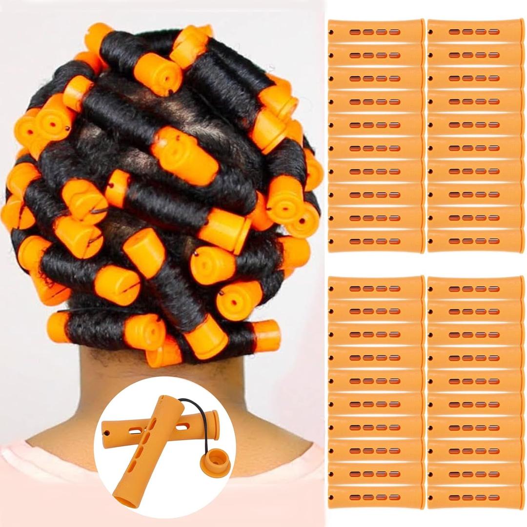 40pcs Cold Wave Perm Rods Set for Women's Long & Short Natural Hair - Plastic Orange Rollers for Curling and DIY Hairdressing (1 Count (Pack of 40))