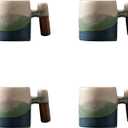 2-Oz Ceramic Espresso Cups with Wood Handle, 2/4-Piece Set for Coffee, Tea, Latte - Dishwasher Safe, Multi-Color & Wood Styles, Gift & Café Use (Kiln turning blue, Wooden Handle4)