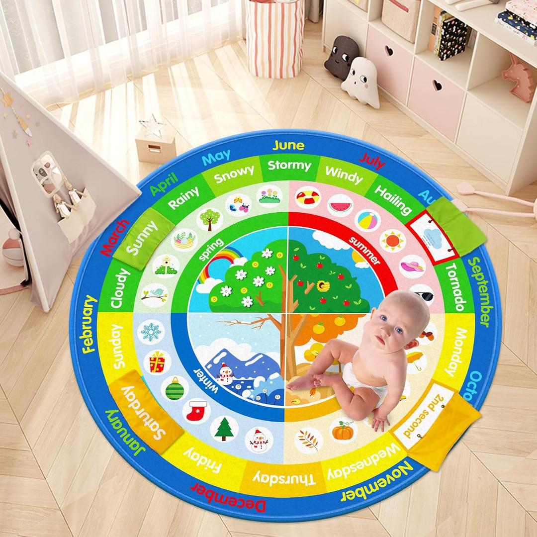Smikoo Baby Crawling Play Mat for Floor, Cotton Educational Tummy Time Area Rug for Learning Month Weather Season, Round Non-Slip Super Soft Playmat for Playing Gym Activity for Infants Toddlers