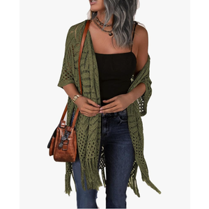 HOTOUCH Womens Knit Cardigan Open Front Outwear Hollow Out Crochet Tassel Lightweight Kimonos Sweater L