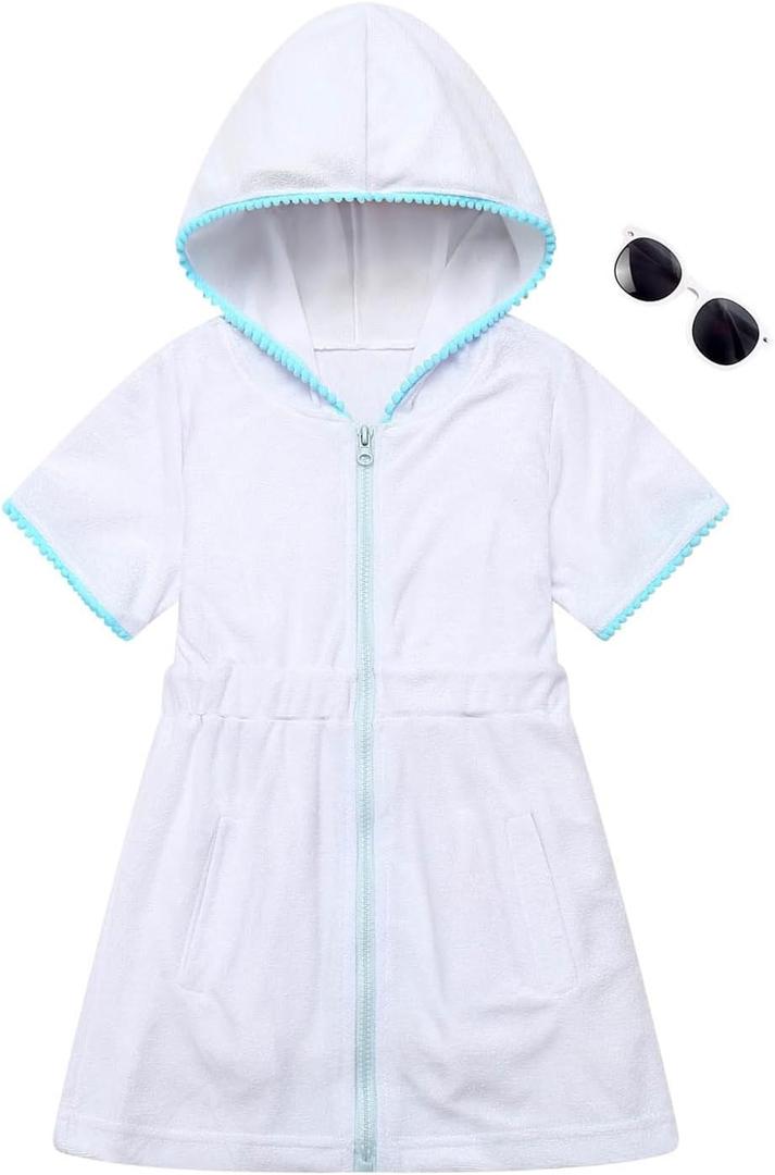 Girls Swim Cover Up Kids Beach Swimsuit Coverup Terry Zip-Up Bathing Suit Beach Pool Clothes with Sunglasses 8-9Y
