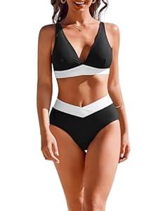 AI'MAGE High Waisted Bikini Set for Women Tummy Control Women's 2 Piece Bathing Suit V Neck Sexy Color Block Swimsuit 2025 , S