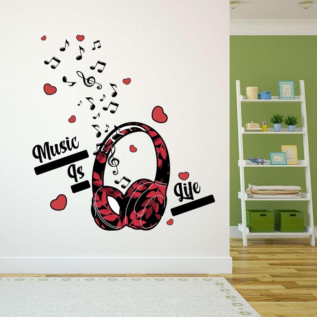 Design With Vinyl Music Wall Decal Floral Themed Headphones with Musical Notes on White Background Removable - Size: 9 in x 10 in