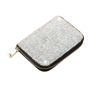 AsAlways Rhinestone Credit Card Holder for Women RFID Blocking Wallet Slim Leather Zipper Card Case Wallet (Black)