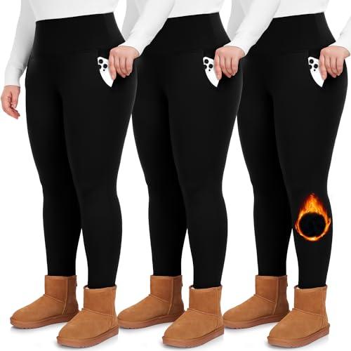 GROTEEN 3 Pack Plus Size Fleece Lined Leggings with Pockets for Women-High Waist Thermal Workout Winter Warm Yoga Pants Black/Black/Black , Size Plus Size 3XL