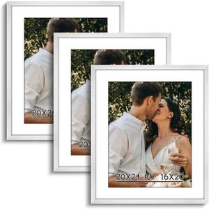 HLiWEGNS White 20x24 Frame Set of 3 - Rustic Woodgrain 20 x 24 Poster Frame for Pictures 16x20 with Mat or 20x24 Picture Frame Without Mat for Wall Gallery Display - Ideal Christmas Day