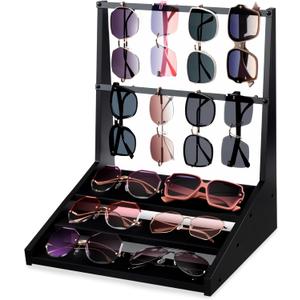 5-Tier Sunglasses Organizer, Sunglass Holder Stand Display Rack Holds 16 Pairs, Multi-Purpose Storage for Eyeglasses, Watches, Perfumes, For Desk, Dresser, Nightstand (Black)
