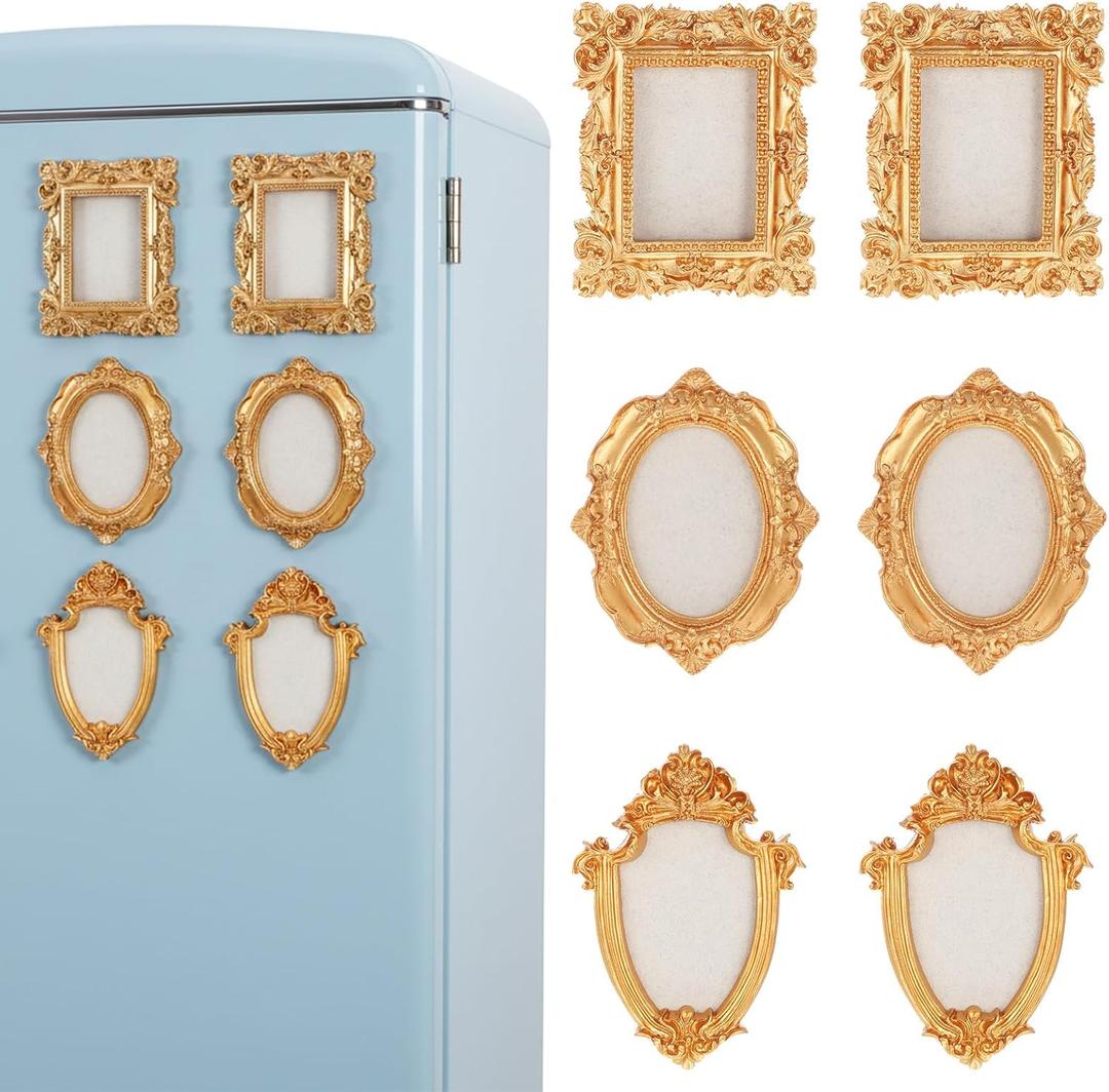 6pcs Magnetic Picture Frames for Refrigerator,Mini Gold Frames Vintage Frame,Wall Hanging Oval Rectangle Baroque Resin Photo Frame for Photos Painting DIY Stuck on Fridge