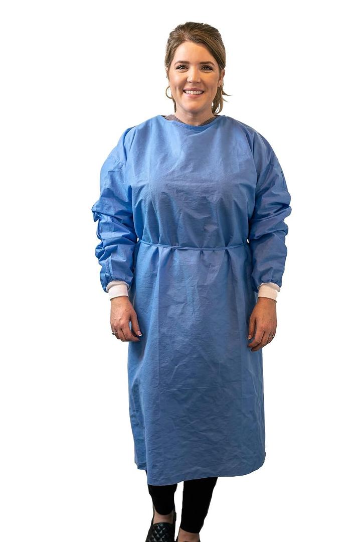 Disposable PPE Isolation Medical Gowns 100-Pack Level 2, Full Back Coverage, Double Tie Closure, SMS 35g Material, Knit Cuffs, Unisex, Professional Blue for Healthcare & Lab Use, One Size