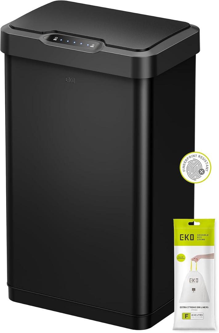 EKO Mirage-T 50 Liter / 13.2 Gallon Touchless Rectangular Motion Sensor Trash Can or Recycling Bin, Brushed Stainless Steel Finish (Matte Black)