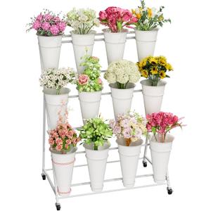 Flower Stand, 3 Tier Flower Display Stand with 12 Buckets, Upgrade Double Circle No Shaking, Outdoor Flower Cart with Wheels for Patio, Garden, Shop, Wedding, Party, Exhibition, Indoor, White