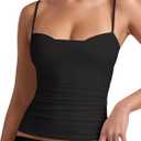 PINKMSTYLE Womens Runched Adjustable Spaghetti Strap Camisole Tank Tops Sleeveless Double Lined Slim Fit Tops (Black, XS)