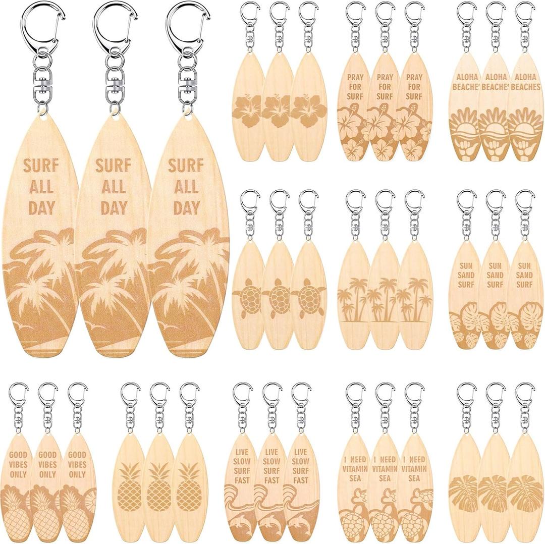 Bucherry 36 Pcs Beach Summer Party Favors Keychain Gifts Bulk Wooden Surfboard Sea Turtle Coconut Tree Christian Religious Key Ring for Hawaiian Luau Florida Bahamas Souvenirs Supplies(Ocean Style)