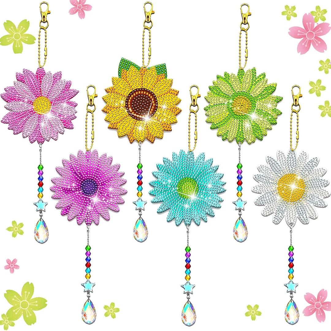 6 Pcs Daisy Diamonds Painting Wind Chimes Suncatcher Double Sided Flower Rhinestone Painting Wind Chime 5D DIY Crystal Diamond Painting Kits Paint by Number Hanging Ornaments Mom Gifts
