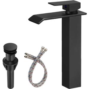Black Bathroom Vessel Sink Faucet, Waterfall Bathroom Faucet, Vessel Faucet, Tall Body High 1 Hole Single Handle with Pop Up Drain Combo Lavatory Vanity Mixer Tap Commercial Basin Bowl Sink