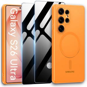 for Samsung Galaxy S26 Ultra Magnetic Case with 2 Privacy Screen Protector [Compatible with MagSafe],Ultra-Thin Shockproof Protective Phone Case for Galaxy S26 Ultra,Orange