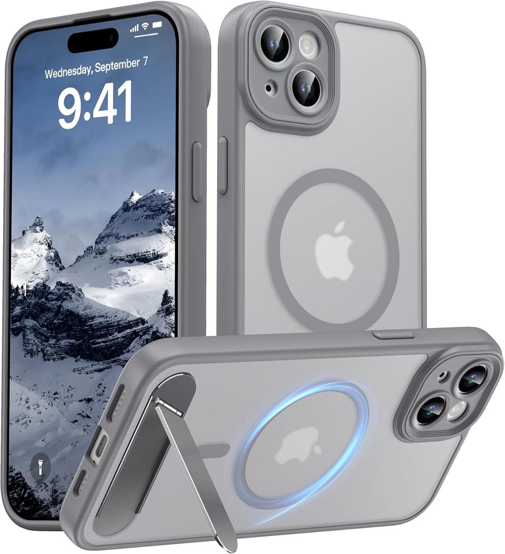 Magnetic Compatible with iPhone 15 Plus Case, [Built-in Kickstand][Full Camera Protection][Compatible with MagSafe][Anti-Fingerprint] Shockproof Phone Case for iPhone 15 Plus 6.7",Gray