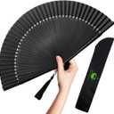 OMyTea Folding Hand Fan for Women - Foldable Chinese Japanese Vintage Bamboo Silk Fan - for Hot Flash, Church, Decoration, EDM, Music Festival, Dance, Party, Performance, Gift (Solid Sexy Black)