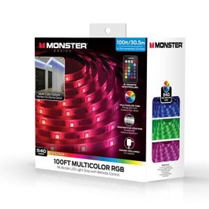 Monster 100' RGB LED Light Strip Indoor: 100ft Multicolor USB Powered Tape Lights, 540 LEDs, 4 Settings, CR2025 Battery