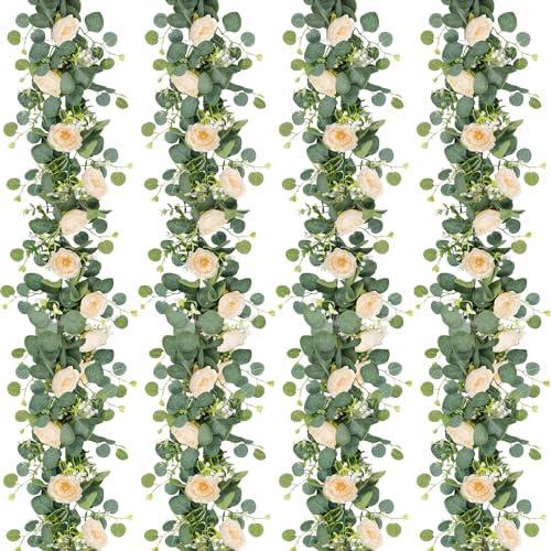 TOCHGREEN 2 Pack 24Ft Artificial Eucalyptus Flower Garland with Champagne Roses, Fake Rose Flower Greenery Garland Floral Vines for Wedding Home Party Table Runner Decor (2PCS, Champagne)