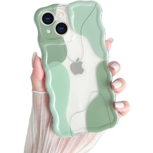 Yeddabox for iPhone 15 Case Cute Art Design Aesthetic Pattern Wavy Clear Phone Case Soft TPU Slim Shockproof Phone Cover for Women Girls, Green