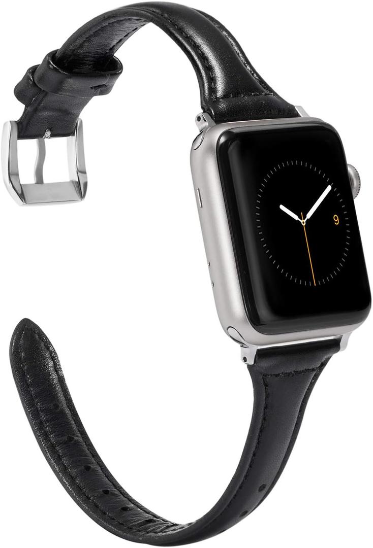 Wearlizer Slim Thin Leather Bands Compatible with Apple Watch Band 38mm 40mm 41mm 42mm 44mm 45mm 46mm 49mm Women Men Strap Wristband Bracelet for iWatch Series 11 10 9 8 7 6 5 4 3 SE/Ultra 3 2 1 (Black)
