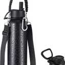 KXIAOCHEN Insulated Water Bottle, Stainless Steel Water Bottle, 2 Lids (Straw and Handle Lid),Wide Mouth Metal Water Bottles Keep Hot and Cold, Double Walled, Thermo Mug, Metal Canteen (32 Ounces, Black Leopard)