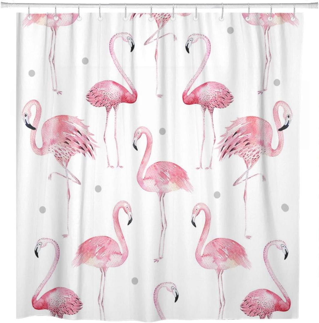 ArtSocket Shower Curtain Watercolor Bath Pink Flamingos Grey Polka Dots Chic Tropical Home Bathroom Decor Polyester Fabric Waterproof 60 x 72 Inches Set with Hooks