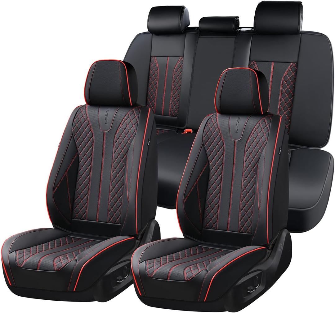 FLORICH Leather Seat Covers, Car Seat Covers Front Seats Back Seat Cover 5 Seats Automotive Seat Covers Leather Seat Covers for Cars Universal Fit for Most Cars SUV Trucks, Black&Red Line (FullSet)