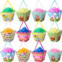 Zonon 12 Sets Small Easter Baskets Paper Easter Treat Boxes with Handle Mini Collapsible Gift Baskets with Grass Fill Happy Eggs Boxes Bunny Printed Theme Party Favor Bags