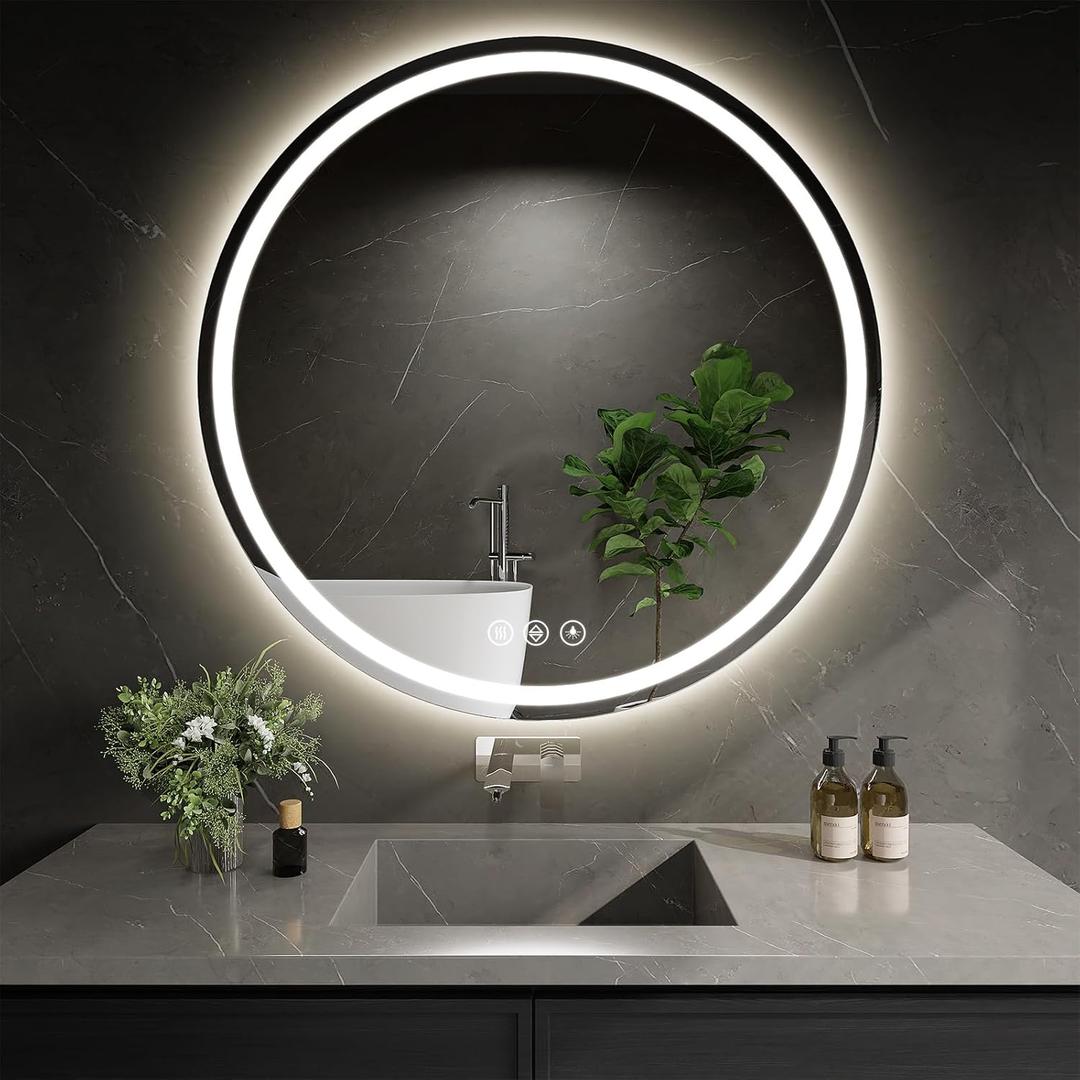 LED Bathroom Mirror 30 Inch Round Bathroom Mirror with Lights, Circle LED Mirror, Wall Mounted Lighted Bathroom with 3 Colors Brightness, Anti-Fog, Dimmable, Shatter-Proof