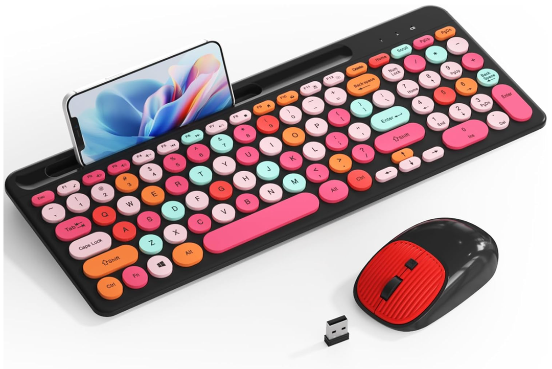 Retro Typewriter Wireless Keyboard with Round Keycaps, 2.4GHz Compact USB Cute Wireless Keyboard and Mouse Combo for Desktop, Laptop and Computer